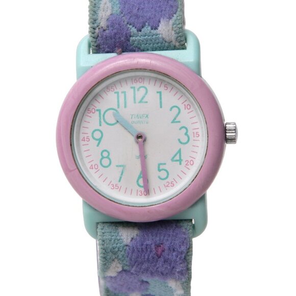 Vintage TIMEX Pastel Watch Floral Elastic Band Plastic Stainless Steel Pink Aqua - Picture 2 of 9